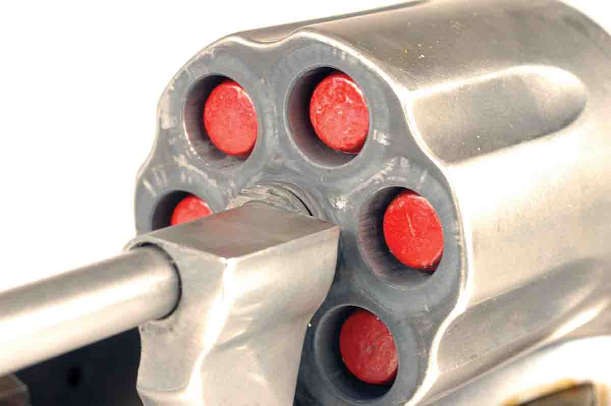 Two coats of Harbor Freight red put a thick coat of paint on bullets cast from an LBT-358-200 FN mould. The bullet’s crimp groove remained deep enough to apply a good crimp that kept the bullets in place during heavy recoil in a .357 Magnum revolver. The paint also increased the diameter of the bullet’s nose, making a tight fit in the chambers.